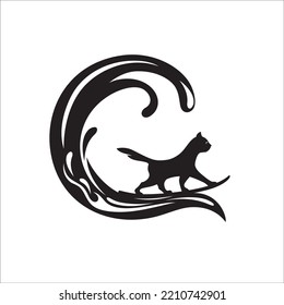 
vector illustration of a cat playing a surfboard in the waves