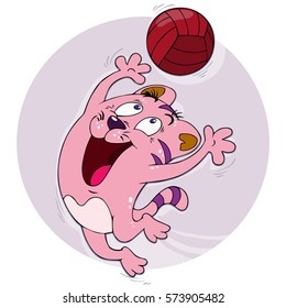 Vector illustration, cat playing volleyball.