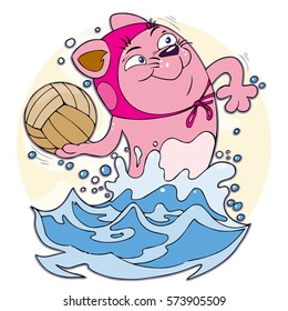 Vector illustration, cat playing water polo.
