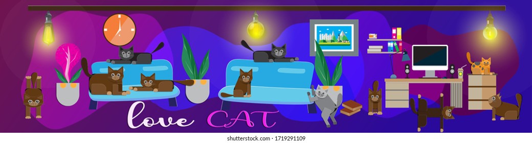 Vector illustration of a cat posing in a sitting room. Paper art of cats.
