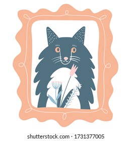 Vector illustration of a cat. Poster with portrait of a cute cat with flowers. Perfect for kids apparel, textile, nursery, wrapping paper. Design elements for cards, posters, t-shirt.