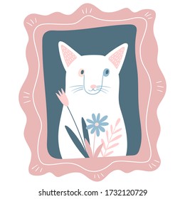 Vector illustration of a cat. Poster with portrait of a cute white cat with flowers. Perfect for kids apparel, textile, nursery, wrapping paper. Design elements for cards, posters, t-shirt.