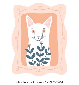 Vector illustration of a cat. Poster with portrait of a cute white cat with flowers. Perfect for kids apparel, textile, nursery, wrapping paper. Design elements for cards, posters, t-shirt.