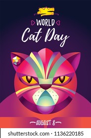 Vector illustration of cat. Poster for World Cat Day on August 8. Abstract geometric figure of pink cat. Fashionable and modern polygonal pattern. For postcards, calendars, posters, banners, flyers