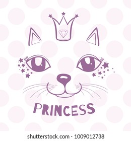 Vector Illustration of a cat princess, muzzle, mustache, ears, crown, eyes.Hand draw