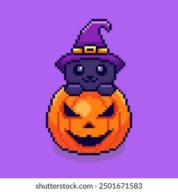 Ilustración vectorial de gato con tema de halloween de calabaza con Pixel Art Design, perfecto para diseños temáticos de activos de juego