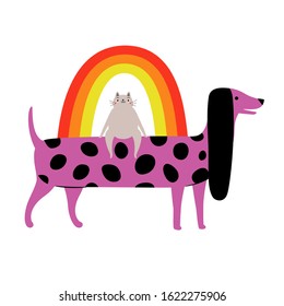 Vector illustration with cat, rainbow and dachshund dog. Funny print design