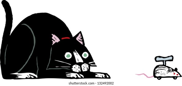 Vector illustration of a cat ready to pounce on a toy mouse