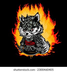 Ilustración vectorial del Gato Samurai Warrior. con katana