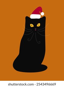 Vector illustration of a cat in a Santa Claus hat on an orange background.Black Party Cat