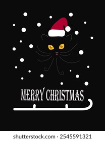 Vector illustration of a cat in a Santa Claus hat on a black background.Christmas card Merry Christmas.Black Party Cat