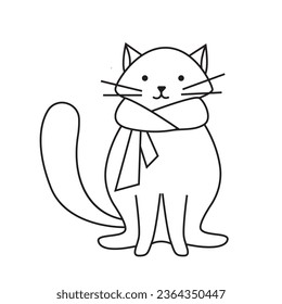 Vector illustration of a cat with a scarf. In doodle style, isolated, on a white background