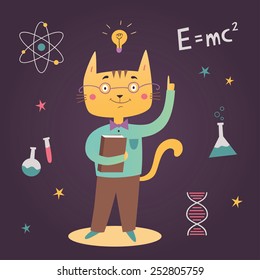 Vector illustration of a cat scientist. Cat's professions