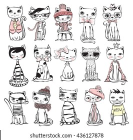 Vector illustration cat set for greeting card design  t  shirt print  inspiration poster  