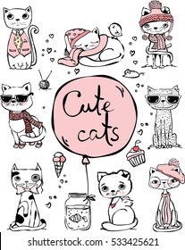 Vector illustration of cat set for greeting card design, t-shirt print, inspiration poster. 