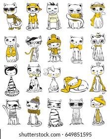 Vector illustration of cat set for greeting card design, t-shirt print, inspiration poster. 