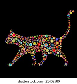 Vector illustration of cat shape  made up a lot of  multicolored small flowers on the black background