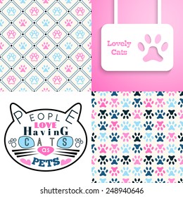 Vector illustration of cat silhouette with blue eyes and message People love having cats as pets. Seamless pattern set.