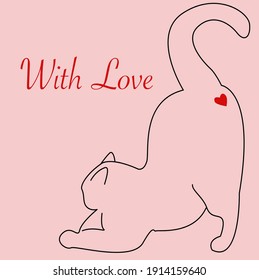 Ilustración vectorial de una silueta de gato con un pequeño corazón rojo debajo de su cola sobre fondo rosado con la firma "Con amor". Se puede usar como postal para el Día de San Valentín.