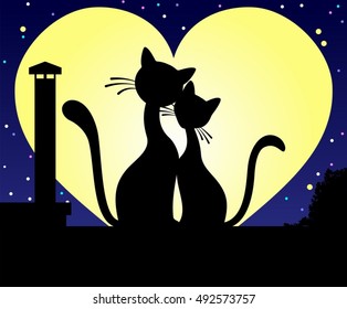 Vector illustration of a cat. Silhouettes of cats on a background of heart. Two black cats in love. For valentine day.
