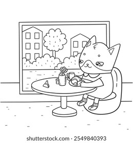 Vector illustration of cat sitting in cafe and eating croissant with coffee. Black and white cute cartoon character for coloring book.