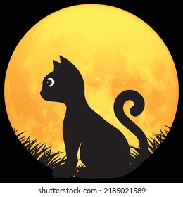 Vector illustration of cat sitting in grass field with full moon background