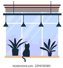 Vector illustration of a cat sitting on a window sill in a flat style.