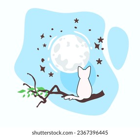Vector illustration of a cat sitting on a tree and moonlight