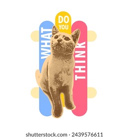 Vector illustration of a cat sitting on a colorful background with text.