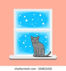 Vector illustration of the cat sitting on the window in winter. Flat style.