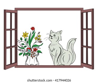 Vector illustration of a cat sitting on the windowsill. A sketch of a cat looking out the window.  vector illustration.