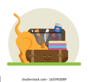 vector illustration of a cat sitting in open suitcase.  The cat helps to pack luggage.  taking the most important things on a trip. Set of things for travel.