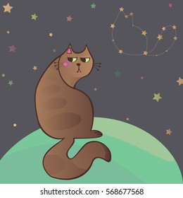 Vector illustration of cat sitting outside and watching night sky with stars