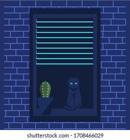 vector illustration of cat sitting at the window with glowing eyes and cactus in the pot, brick wall, modern apartment

