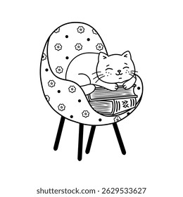 Vector illustration of a cat sleeping in an armchair. A cat sleeps in an armchair on top of books. Anti-stress coloring book for kids and adults. Illustration on a white background. A hand-drawn image