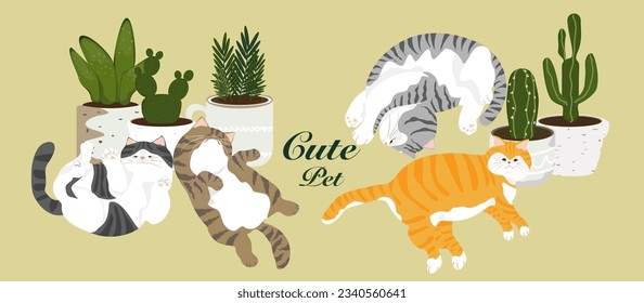 Vector illustration of a cat sleeping beside a potted plant on a leisurely day.