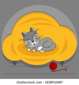 Vector illustration of a cat sleeping on the sofa. A cat and a ball of thread.