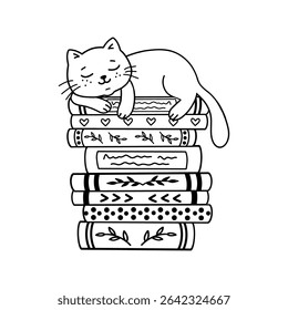 Vector illustration of a cat sleeping on books. A cat sleeps on top of books. Anti-stress coloring book for kids and adults. Illustration on a white background. Hand-drawn image
