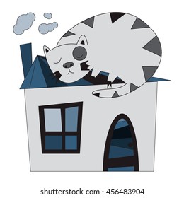 Vector illustration. Cat sleeping on the rooftop.