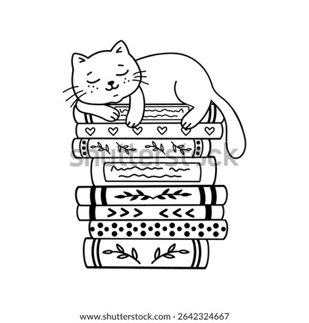 Vector illustration of a cat sleeping on books. A cat sleeps on top of books. Anti-stress coloring book for kids and adults. Illustration on a white background. Hand-drawn image