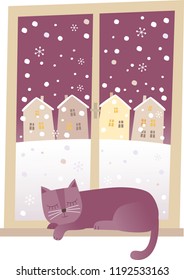 Vector illustration of cat sleeping at the window 