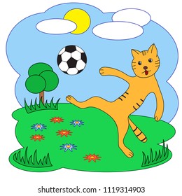 Vector illustration. Cat with a soccer ball.