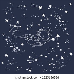 Vector illustration of a cat in space with constellations, shooting stars, hand drawn card, can be used as print for t shirt
