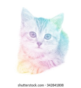 Vector illustration cat in spectrum stipple graphic style- pointillism over white