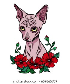 Vector illustration with cat sphinx and flowers on the background of the moon. An image with poppies, a fashionable youth print for a T-shirt and clothes, a sketch for a tattoo, gothic, hipster.