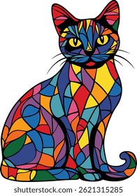 Vector illustration of a cat in stained glass style. Features clean black outlines and vibrant flat colors. Isolated on a white background.