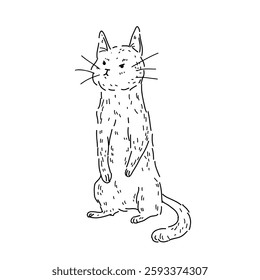 Vector illustration of cat standing on hind legs with frown, side view on white background. Funny kitten for children coloring and design with pets for veterinary clinic