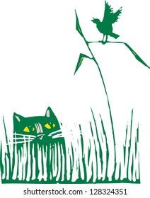 Vector illustration of a cat staring at a bird