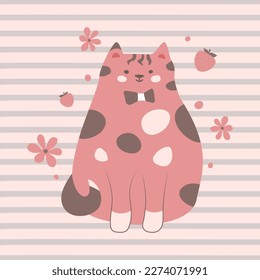 Vector illustration, cat with strawberries for kids, cute characters,pets,cats,kitten,cat,cat,hand-drawn,in a modern,cartoon doodle style.On a pale pink background.Print for textiles,web.EPS 10.