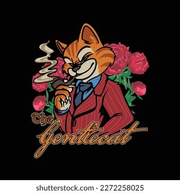 Vector illustration of a cat in a suit with cigar holder for streetwear